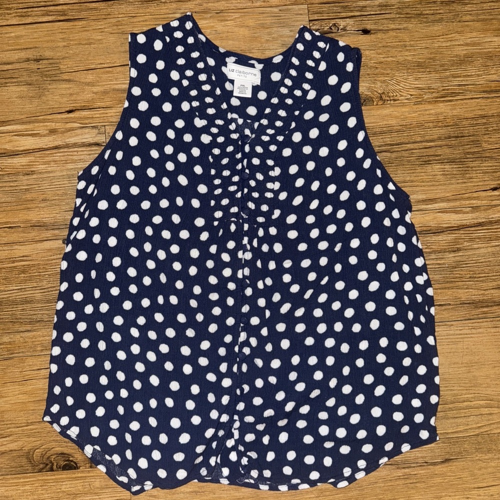 Liz Claiborne petite XLTop Womens blue Polka Dot Tank Top Sleeveless Blouse #138